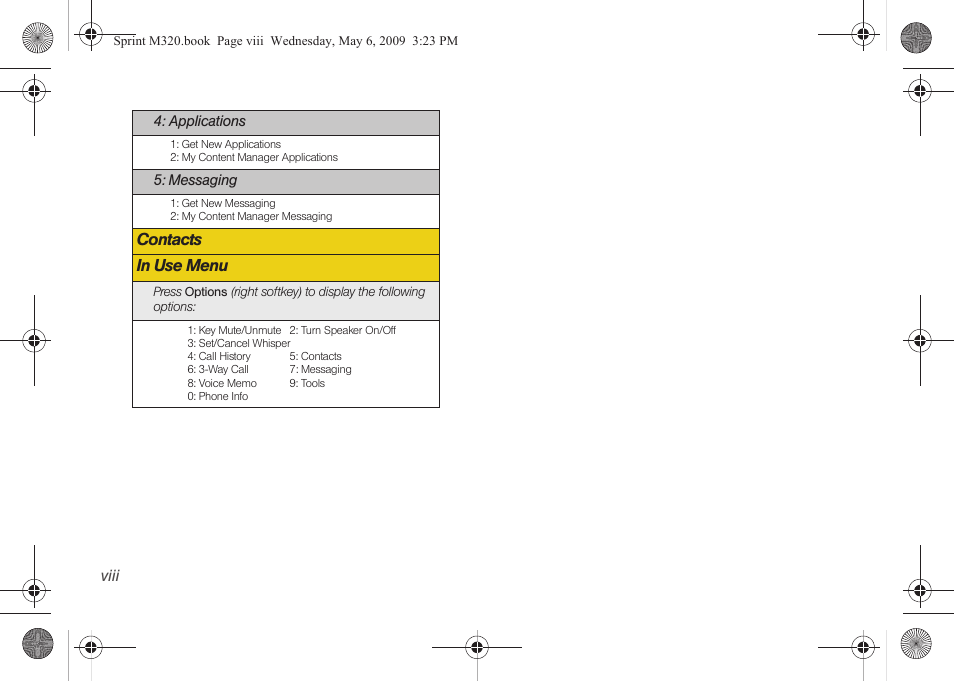 Contacts in use menu | Samsung SPH-M320ZSASPR User Manual | Page 14 / 172