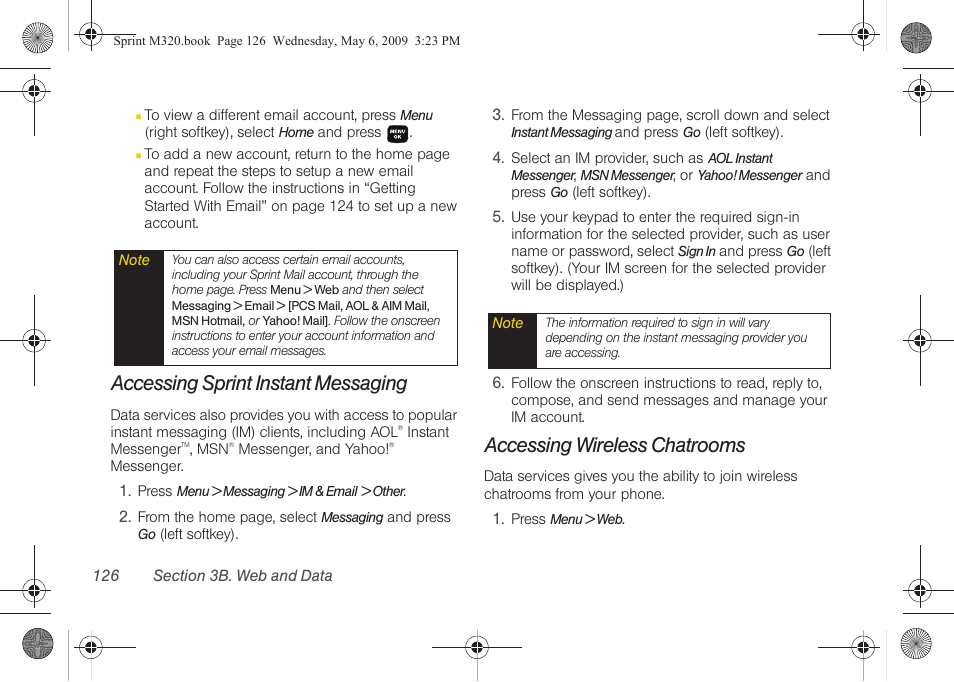 Accessing sprint instant messaging, Accessing wireless chatrooms | Samsung SPH-M320ZSASPR User Manual | Page 140 / 172