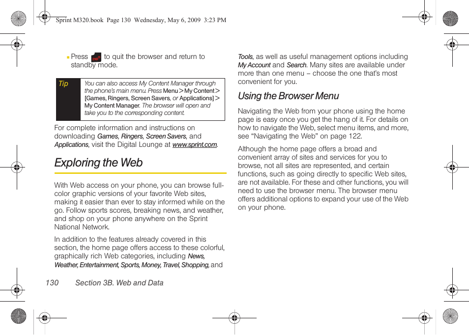Exploring the web, Using the browser menu | Samsung SPH-M320ZSASPR User Manual | Page 144 / 172