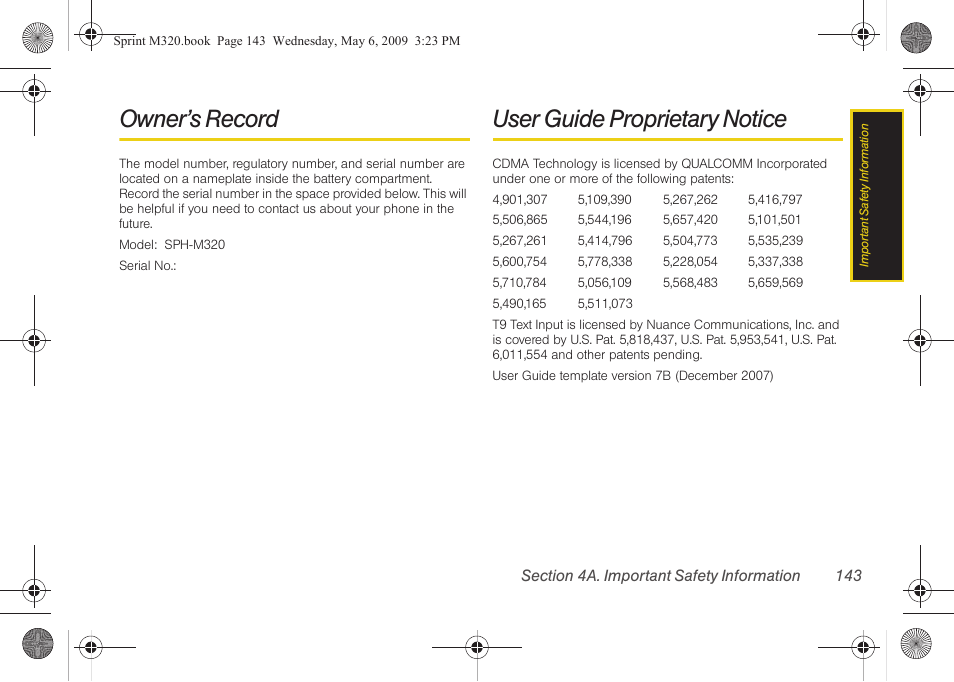 Owner’s record, User guide proprietary notice | Samsung SPH-M320ZSASPR User Manual | Page 157 / 172