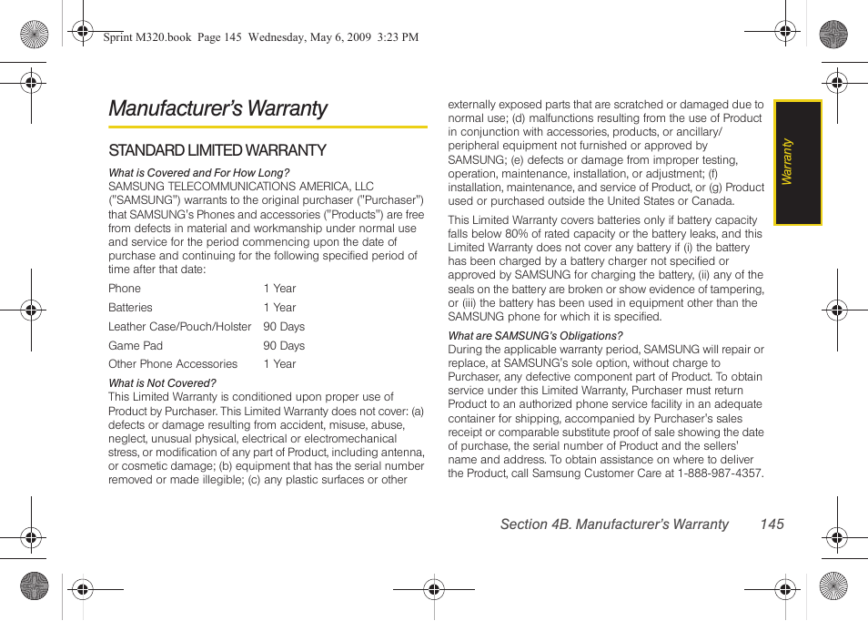 Manufacturer’s warranty | Samsung SPH-M320ZSASPR User Manual | Page 159 / 172