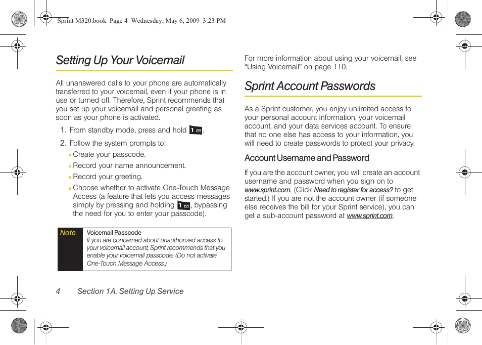 Setting up your voicemail, Sprint account passwords | Samsung SPH-M320ZSASPR User Manual | Page 18 / 172
