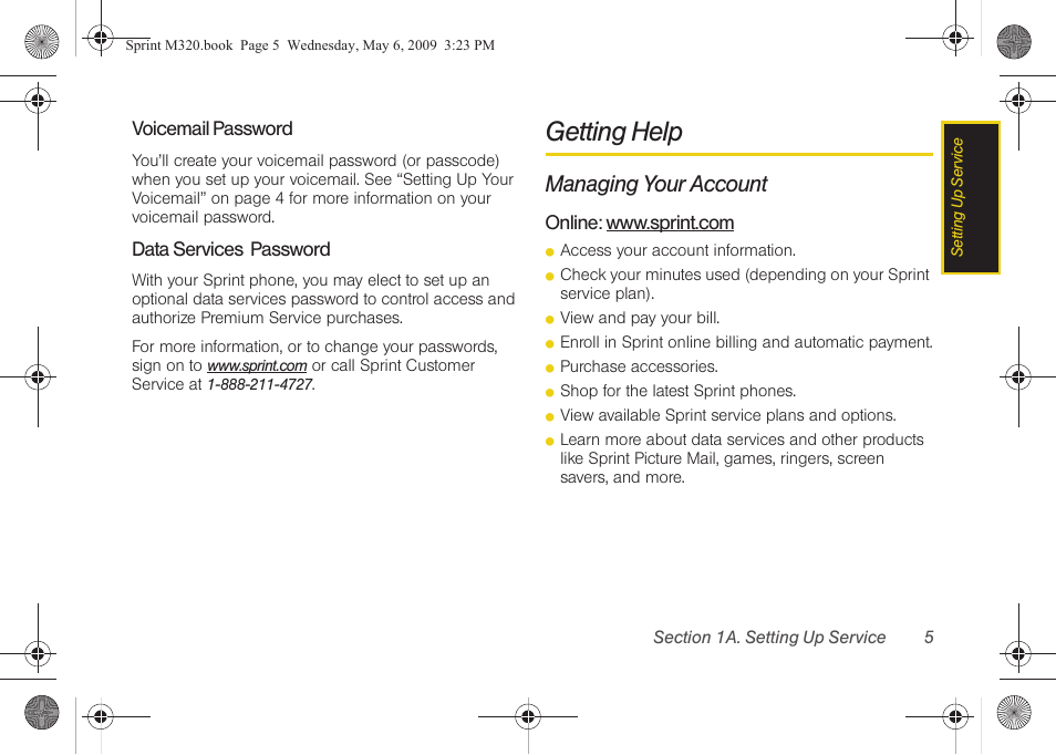 Getting help, Managing your account | Samsung SPH-M320ZSASPR User Manual | Page 19 / 172