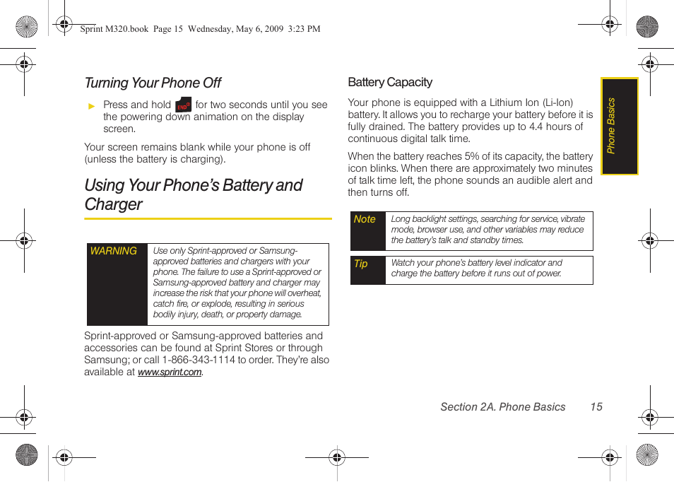 Turning your phone off, Using your phone’s battery and charger | Samsung SPH-M320ZSASPR User Manual | Page 29 / 172