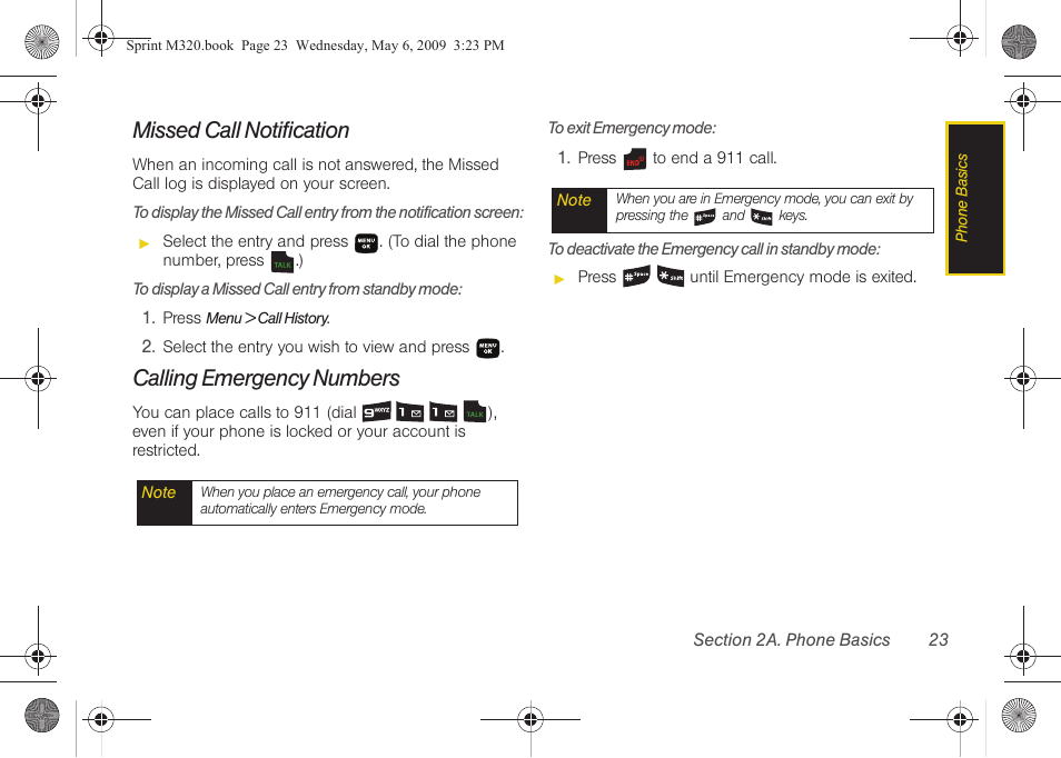 Missed call notification, Calling emergency numbers | Samsung SPH-M320ZSASPR User Manual | Page 37 / 172