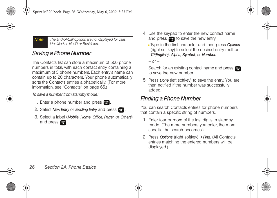 Saving a phone number, Finding a phone number | Samsung SPH-M320ZSASPR User Manual | Page 40 / 172