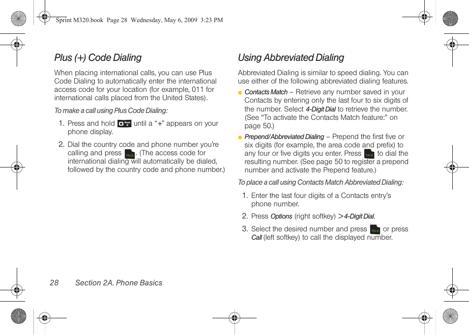 Plus (+) code dialing, Using abbreviated dialing | Samsung SPH-M320ZSASPR User Manual | Page 42 / 172