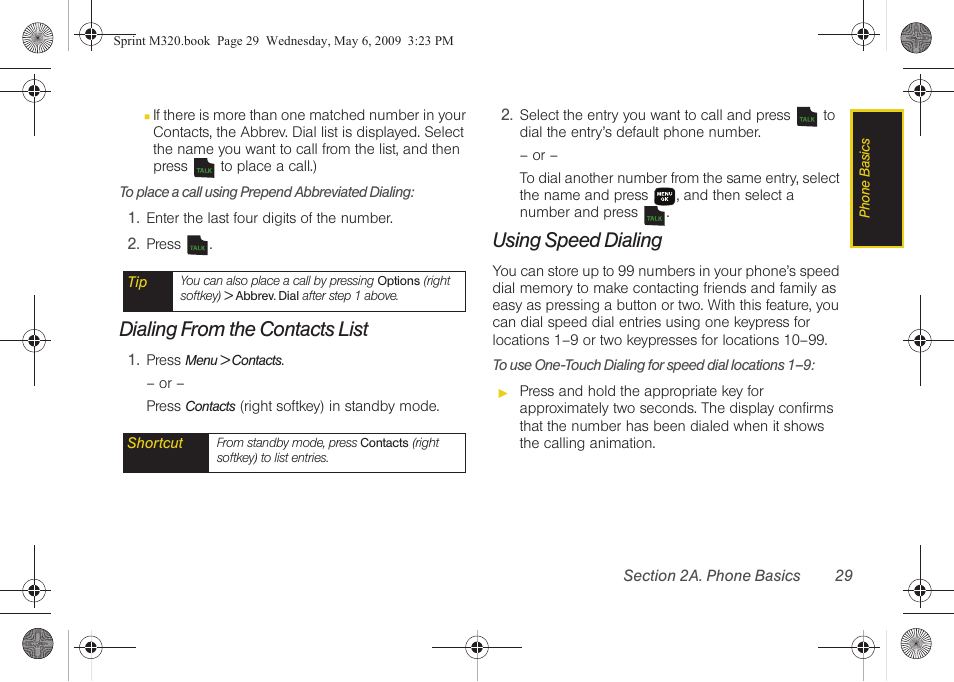 Dialing from the contacts list, Using speed dialing | Samsung SPH-M320ZSASPR User Manual | Page 43 / 172