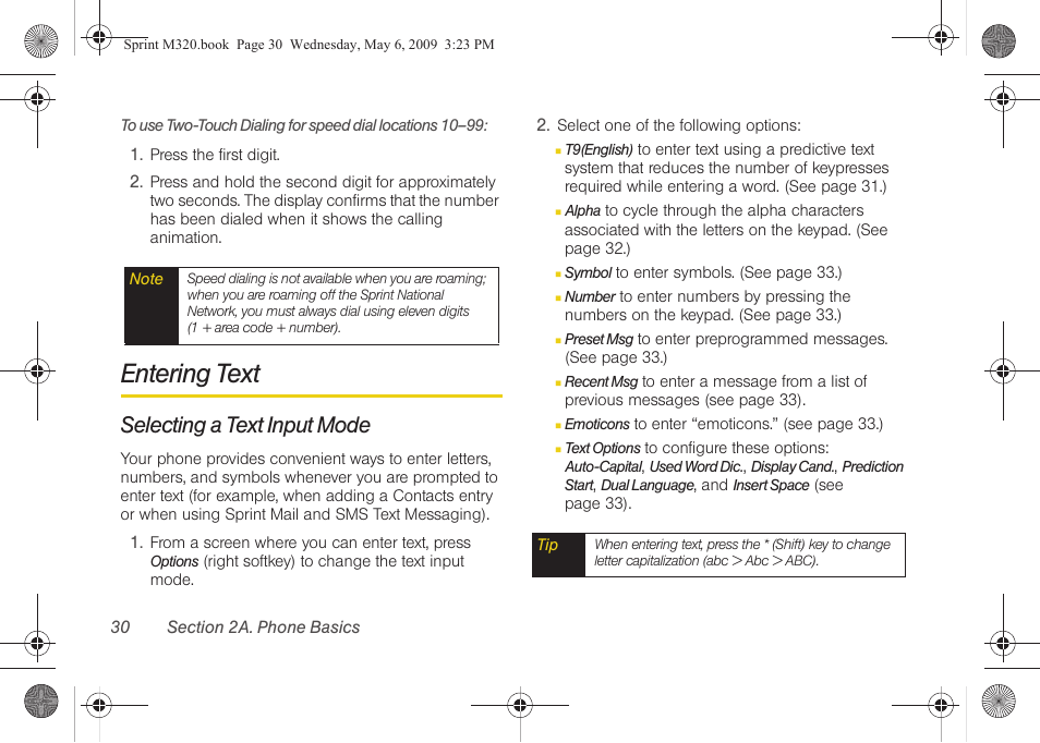 Entering text, Selecting a text input mode | Samsung SPH-M320ZSASPR User Manual | Page 44 / 172