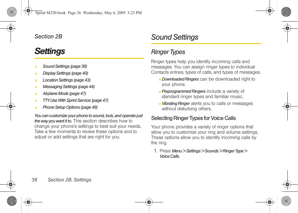 Settings, Sound settings, Ringer types | 2b. settings | Samsung SPH-M320ZSASPR User Manual | Page 50 / 172