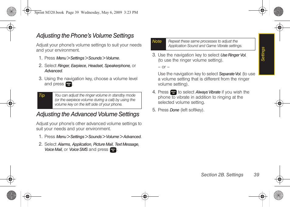 Adjusting the phone’s volume settings, Adjusting the advanced volume settings | Samsung SPH-M320ZSASPR User Manual | Page 53 / 172
