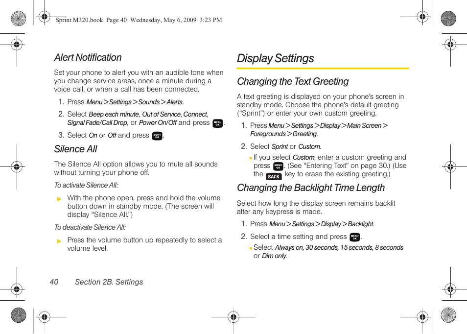 Alert notification, Silence all, Display settings | Changing the text greeting, Changing the backlight time length | Samsung SPH-M320ZSASPR User Manual | Page 54 / 172