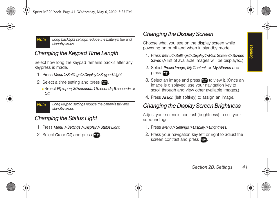 Changing the keypad time length, Changing the status light, Changing the display screen | Changing the display screen brightness | Samsung SPH-M320ZSASPR User Manual | Page 55 / 172