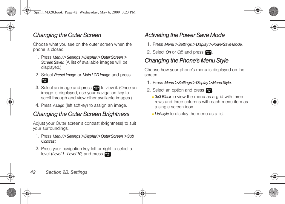 Changing the outer screen, Changing the outer screen brightness, Activating the power save mode | Changing the phone’s menu style | Samsung SPH-M320ZSASPR User Manual | Page 56 / 172