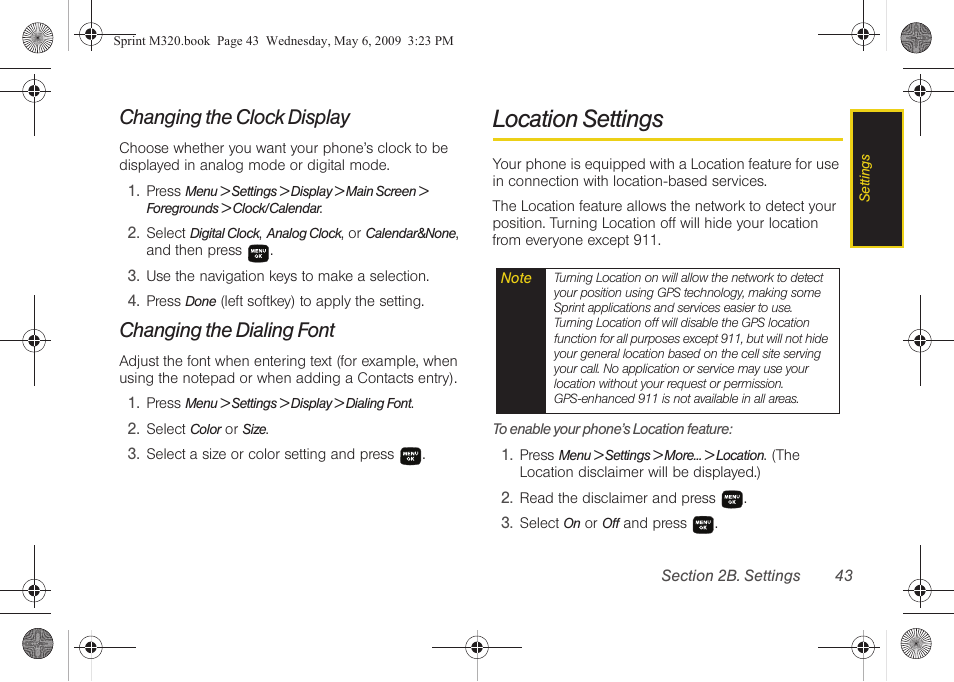 Changing the clock display, Changing the dialing font, Location settings | Samsung SPH-M320ZSASPR User Manual | Page 57 / 172