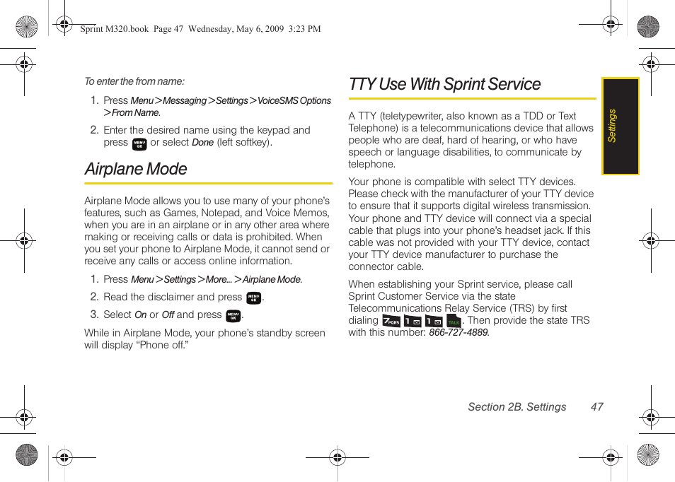 Airplane mode, Tty use with sprint service | Samsung SPH-M320ZSASPR User Manual | Page 61 / 172