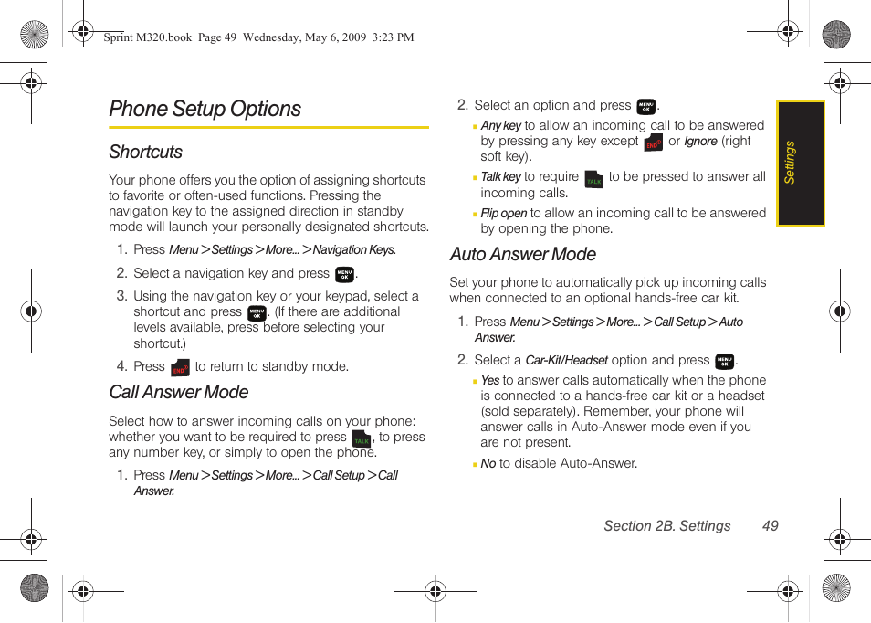 Phone setup options, Shortcuts, Call answer mode | Auto answer mode, See “call answer mode | Samsung SPH-M320ZSASPR User Manual | Page 63 / 172