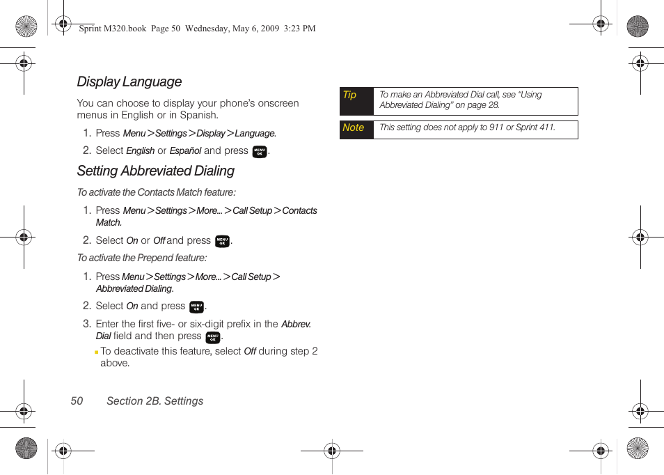 Display language, Setting abbreviated dialing | Samsung SPH-M320ZSASPR User Manual | Page 64 / 172