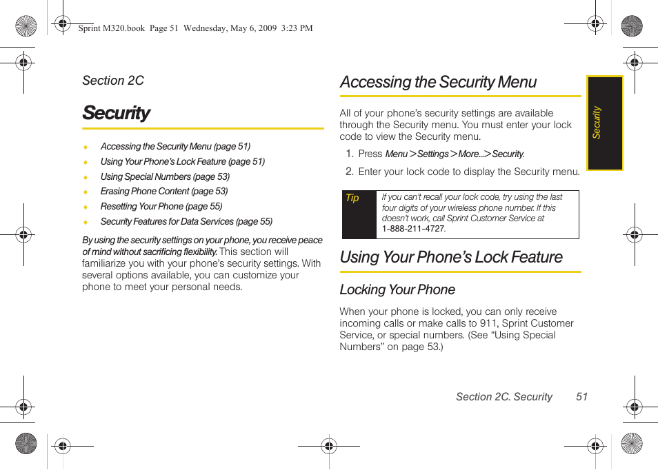 Security, Accessing the security menu, Using your phone’s lock feature | Locking your phone, 2c. security | Samsung SPH-M320ZSASPR User Manual | Page 65 / 172