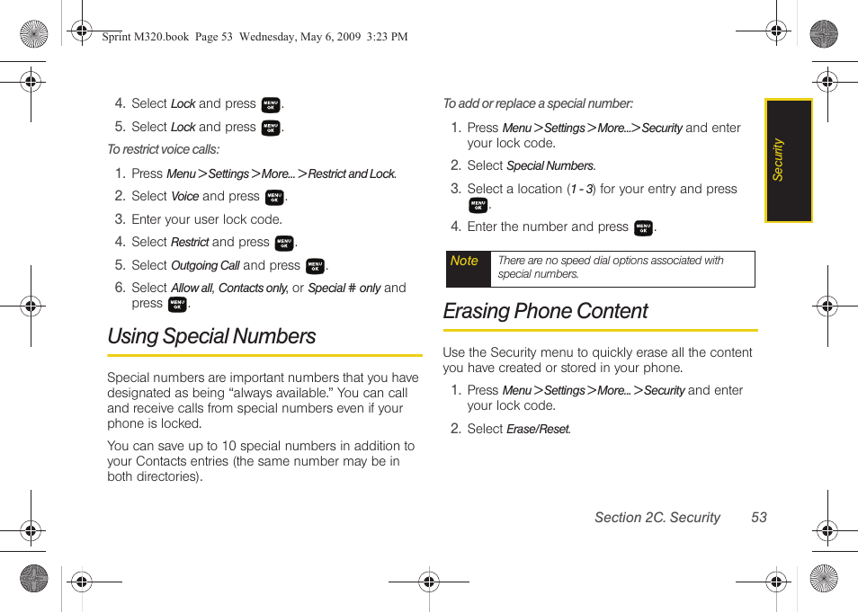 Using special numbers, Erasing phone content | Samsung SPH-M320ZSASPR User Manual | Page 67 / 172