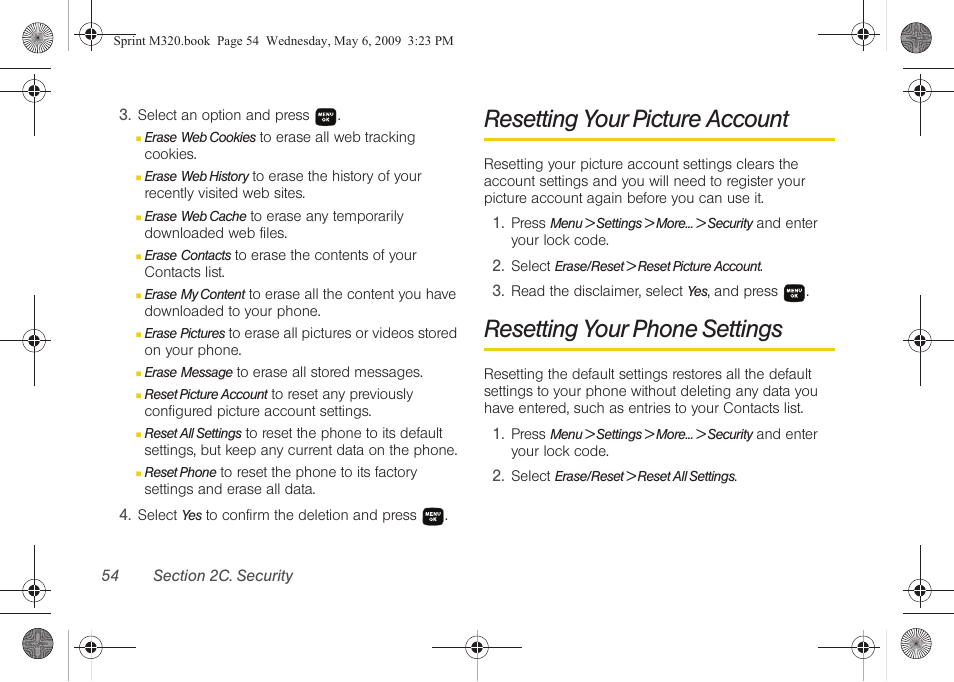 Resetting your picture account, Resetting your phone settings | Samsung SPH-M320ZSASPR User Manual | Page 68 / 172