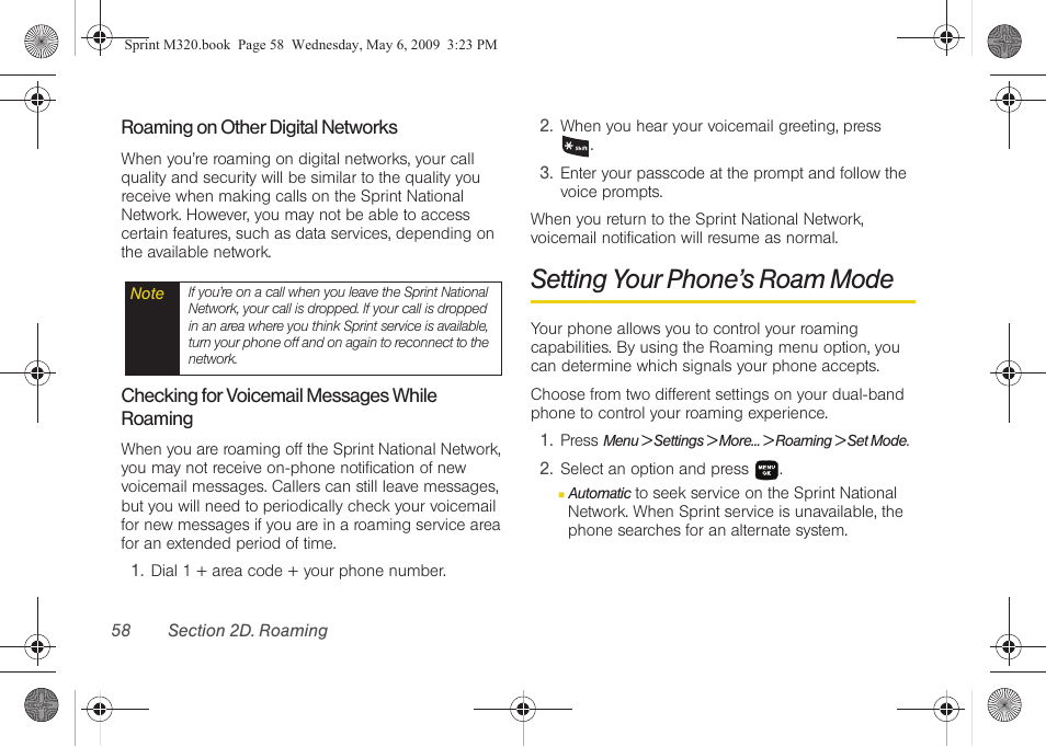 Setting your phone’s roam mode | Samsung SPH-M320ZSASPR User Manual | Page 72 / 172