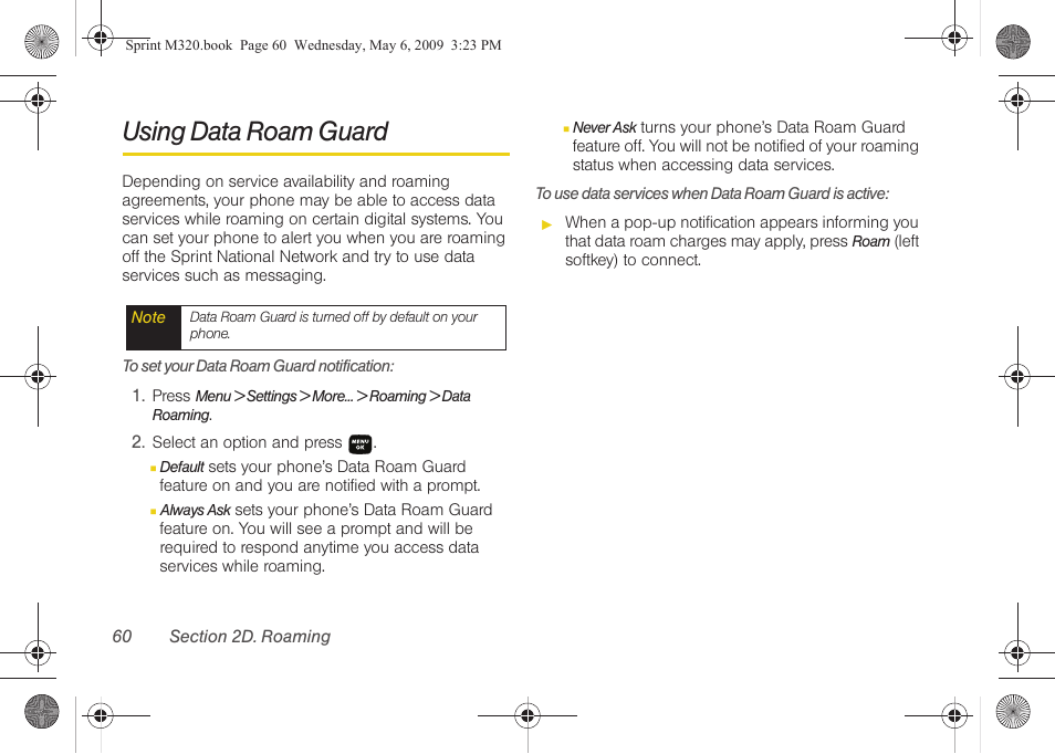 Using data roam guard | Samsung SPH-M320ZSASPR User Manual | Page 74 / 172
