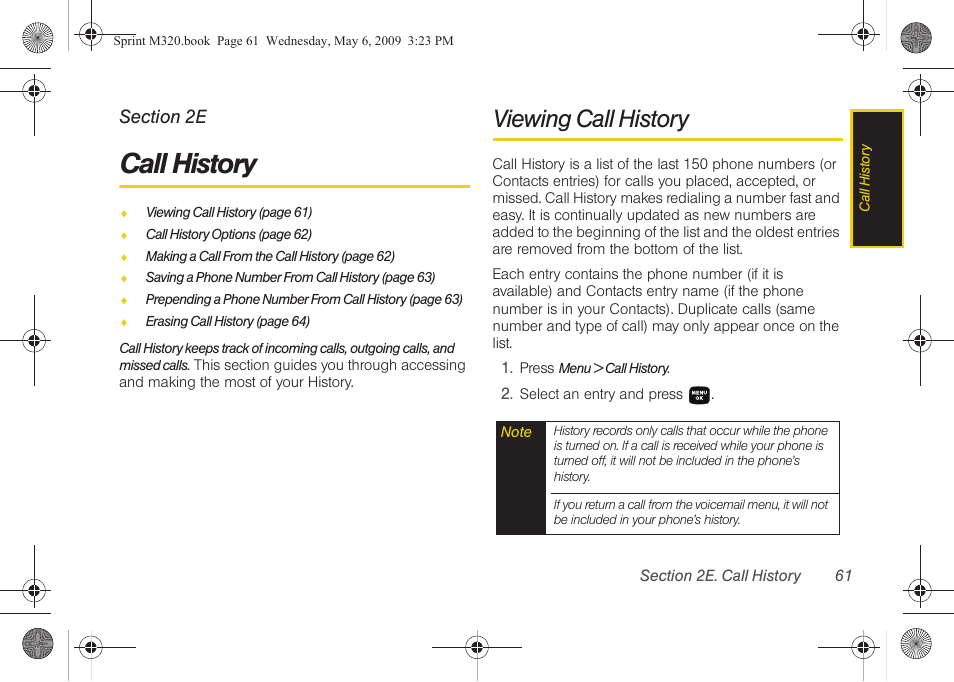 Call history, Viewing call history, 2e. call history | Samsung SPH-M320ZSASPR User Manual | Page 75 / 172