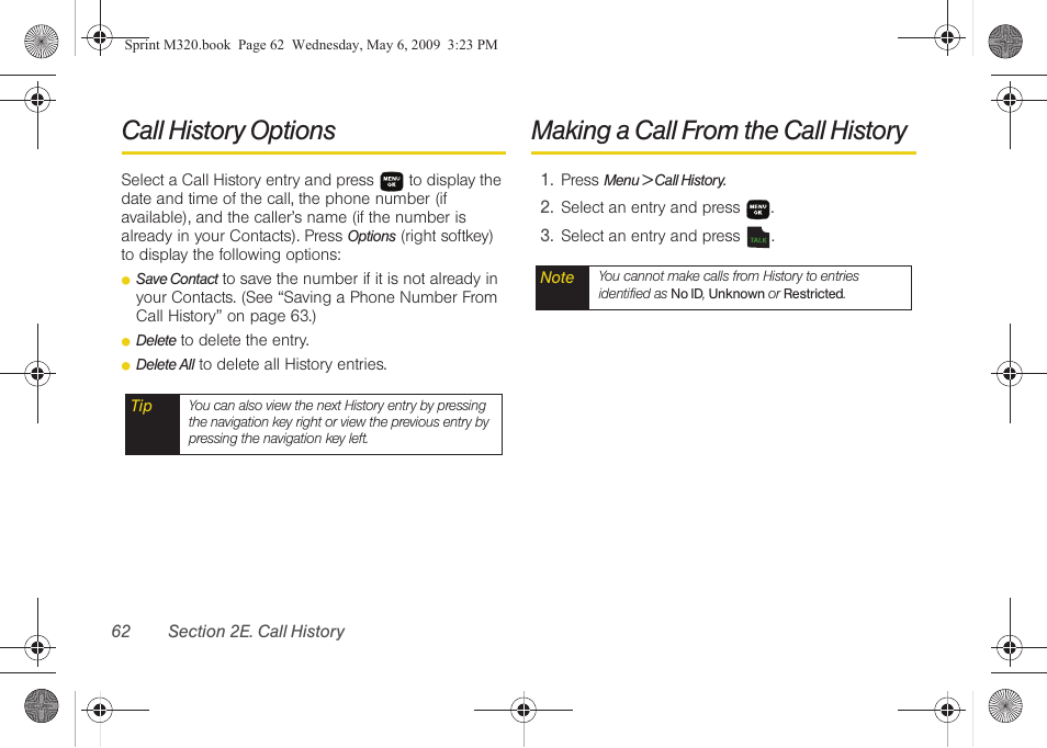 Call history options, Making a call from the call history | Samsung SPH-M320ZSASPR User Manual | Page 76 / 172