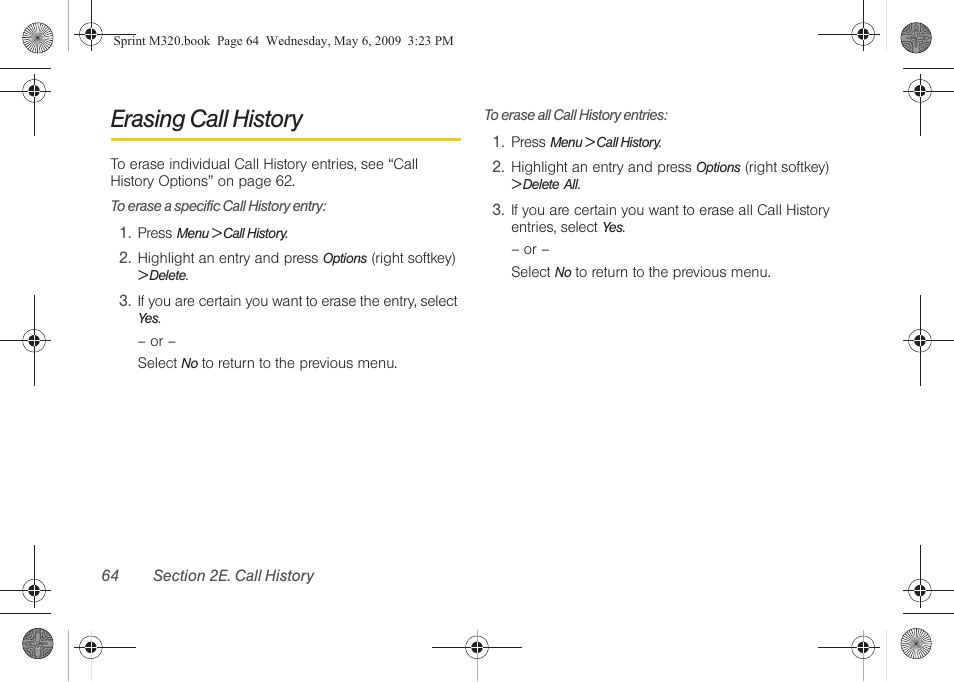 Erasing call history | Samsung SPH-M320ZSASPR User Manual | Page 78 / 172