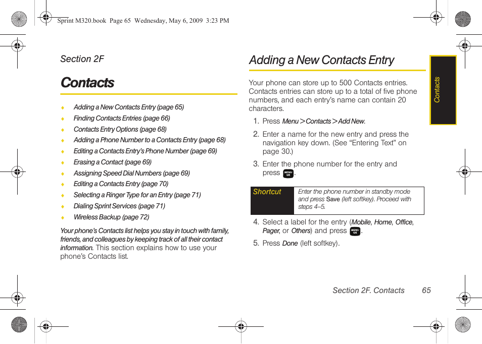 Contacts, Adding a new contacts entry, 2f. contacts | Samsung SPH-M320ZSASPR User Manual | Page 79 / 172