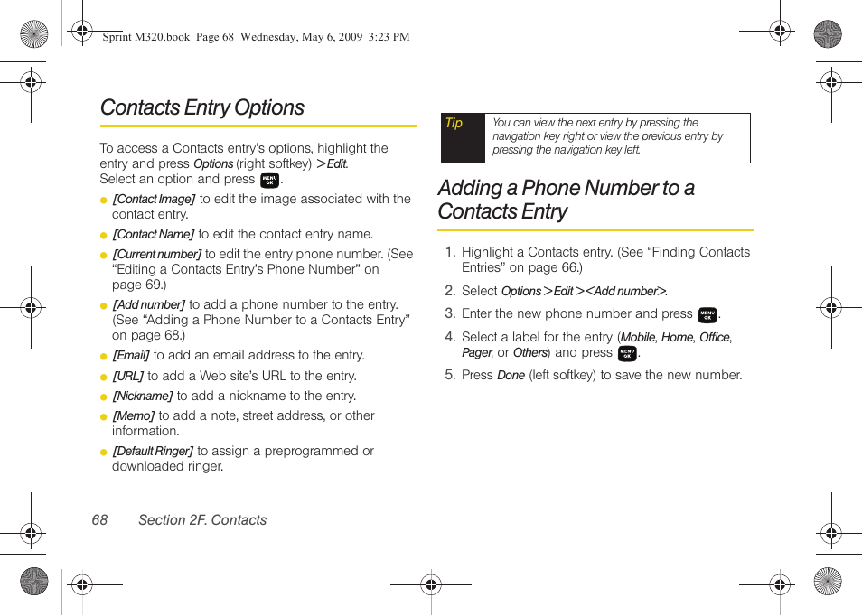 Contacts entry options, Adding a phone number to a contacts entry | Samsung SPH-M320ZSASPR User Manual | Page 82 / 172