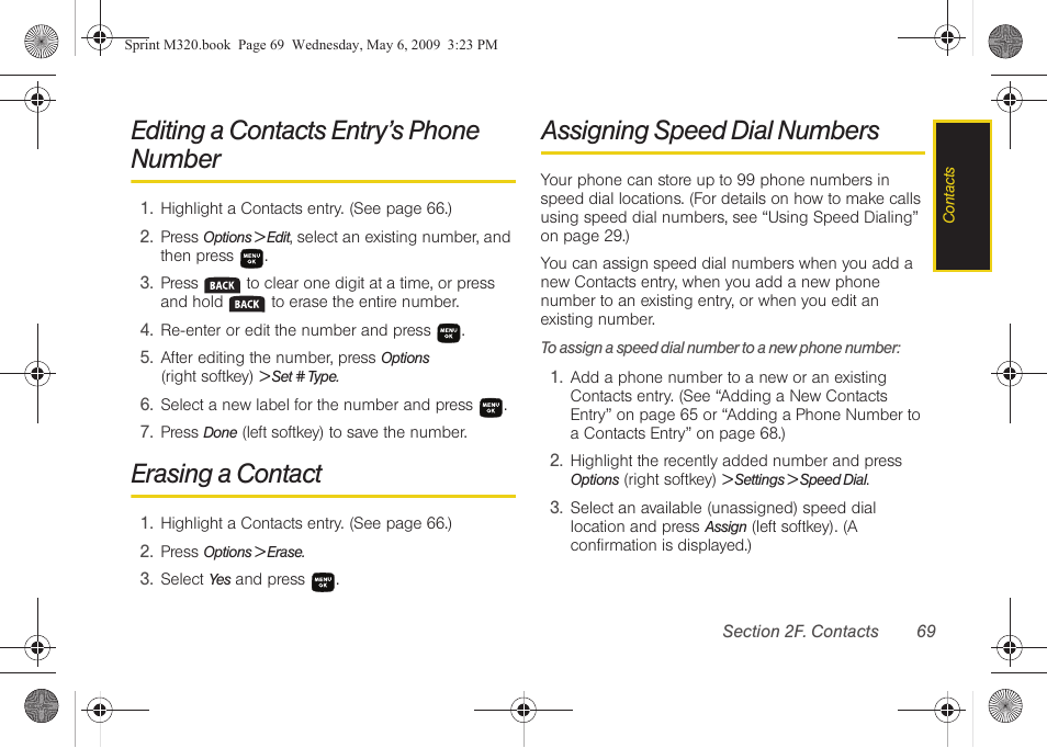 Editing a contacts entry’s phone number, Erasing a contact, Assigning speed dial numbers | Samsung SPH-M320ZSASPR User Manual | Page 83 / 172