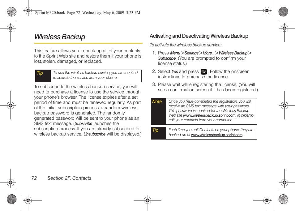Wireless backup | Samsung SPH-M320ZSASPR User Manual | Page 86 / 172