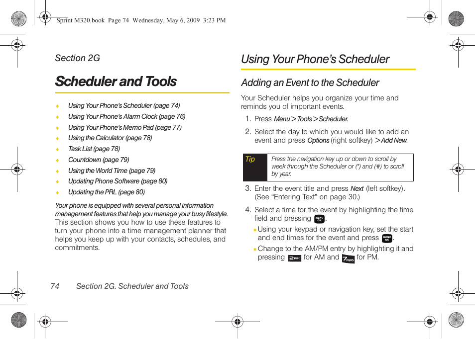 Scheduler and tools, Using your phone’s scheduler, Adding an event to the scheduler | 2g. scheduler and tools | Samsung SPH-M320ZSASPR User Manual | Page 88 / 172