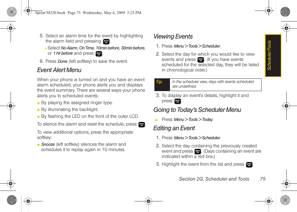 Event alert menu, Viewing events, Going to today’s scheduler menu | Editing an event | Samsung SPH-M320ZSASPR User Manual | Page 89 / 172