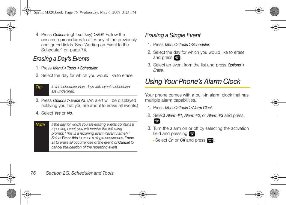 Erasing a day’s events, Erasing a single event, Using your phone’s alarm clock | Samsung SPH-M320ZSASPR User Manual | Page 90 / 172