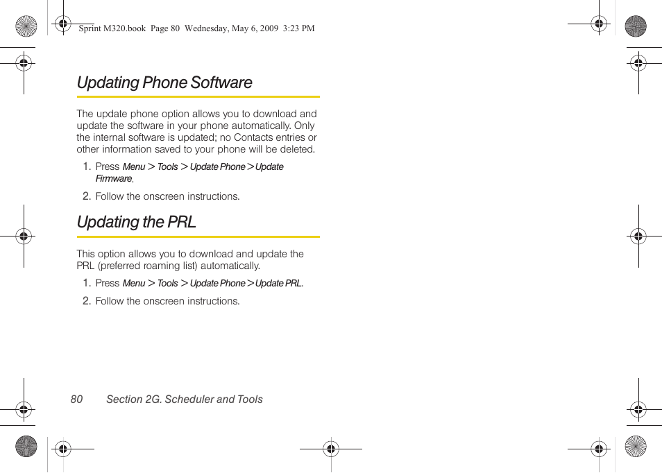 Updating phone software, Updating the prl | Samsung SPH-M320ZSASPR User Manual | Page 94 / 172