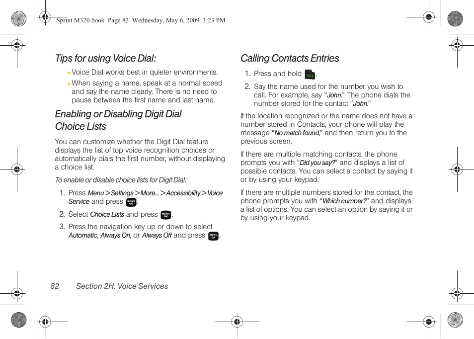 Tips for using voice dial, Enabling or disabling digit dial choice lists, Calling contacts entries | Enabling or disabling digit dial, Choice lists | Samsung SPH-M320ZSASPR User Manual | Page 96 / 172