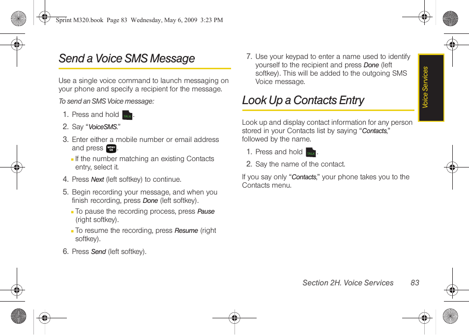 Send a voice sms message, Look up a contacts entry | Samsung SPH-M320ZSASPR User Manual | Page 97 / 172