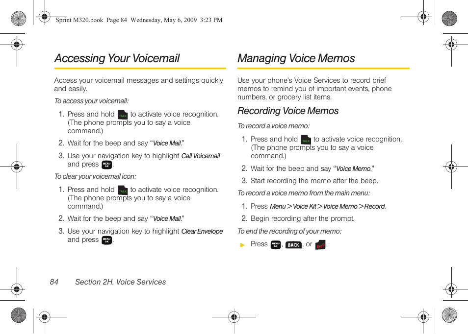 Accessing your voicemail, Managing voice memos, Recording voice memos | Samsung SPH-M320ZSASPR User Manual | Page 98 / 172
