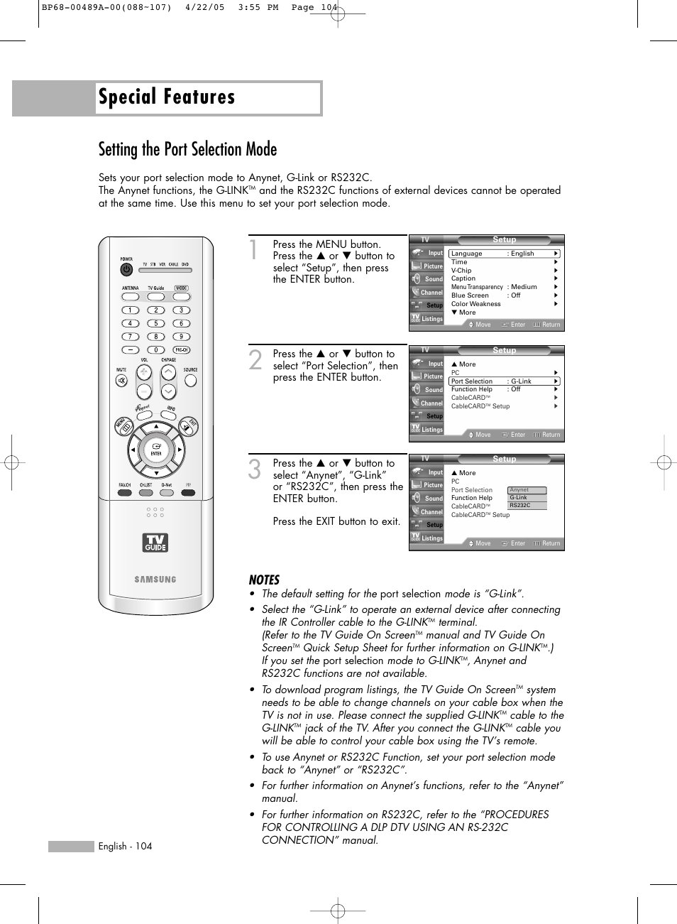 Setting the port selection mode, Special features | Samsung HLR5688WX-XAA User Manual | Page 104 / 144