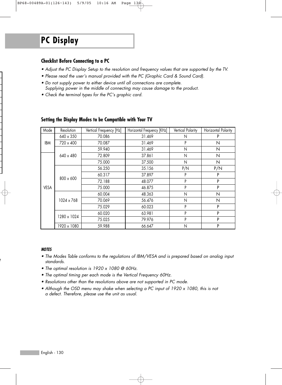 Pc display, Checklist before connecting to a pc | Samsung HLR5688WX-XAA User Manual | Page 130 / 144