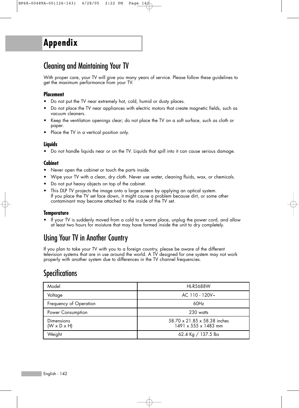 Cleaning and maintaining your tv, Using your tv in another country, Specifications | Appendix | Samsung HLR5688WX-XAA User Manual | Page 142 / 144