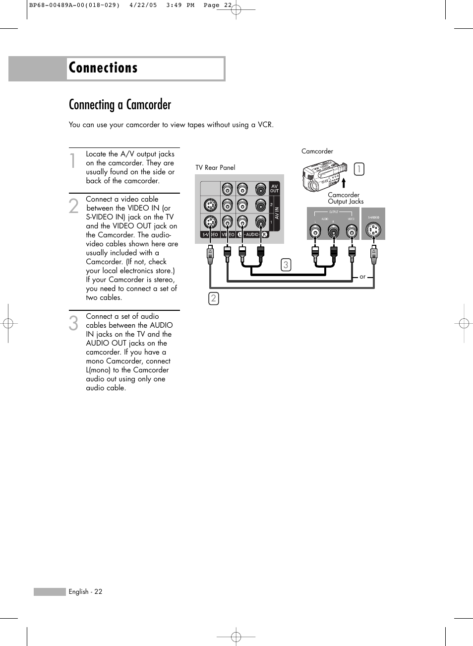 Connecting a camcorder, Connections | Samsung HLR5688WX-XAA User Manual | Page 22 / 144