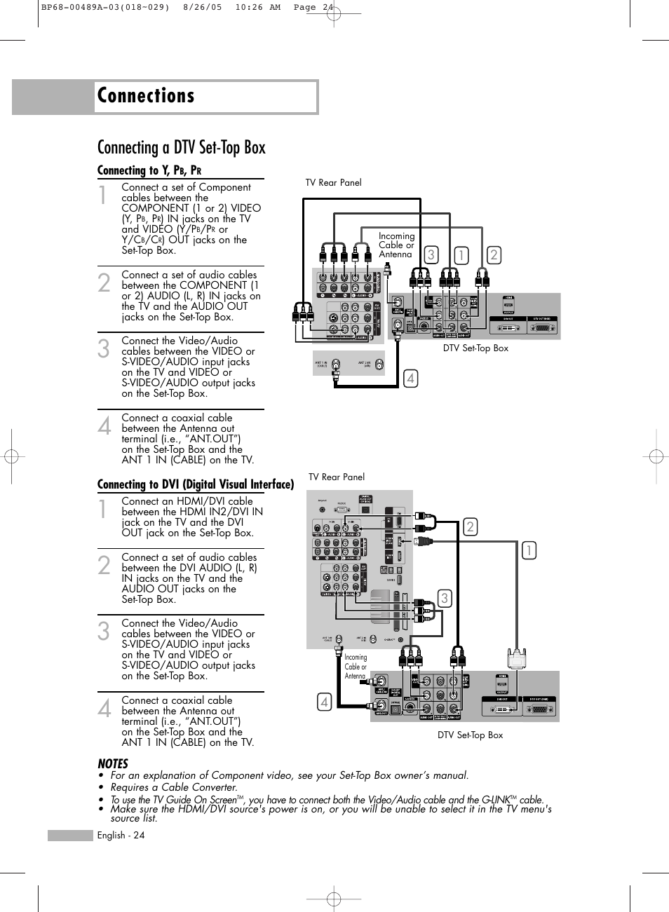 Connecting to y, pb, pr, Connecting to dvi(digital visual interface), Connections | Connecting a dtv set-top box | Samsung HLR5688WX-XAA User Manual | Page 24 / 144