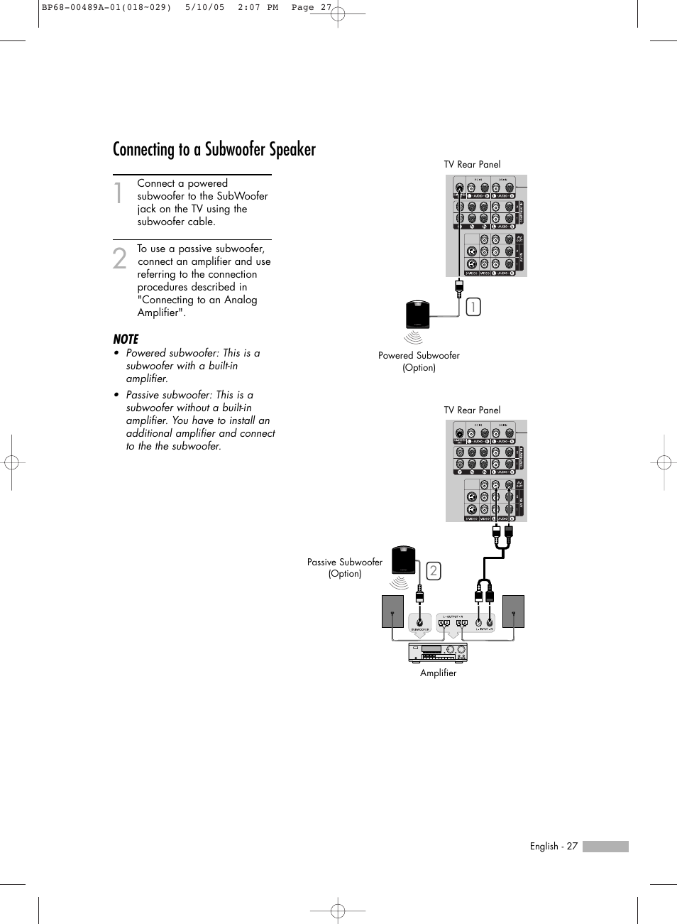 Connecting to a subwoofer speaker | Samsung HLR5688WX-XAA User Manual | Page 27 / 144