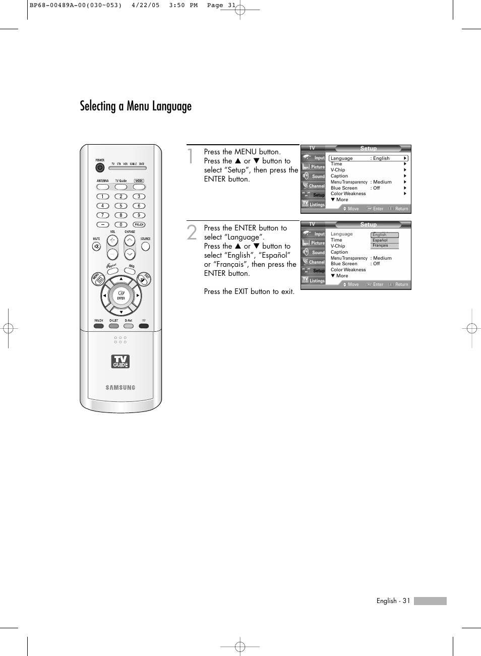 Selecting a menu language | Samsung HLR5688WX-XAA User Manual | Page 31 / 144