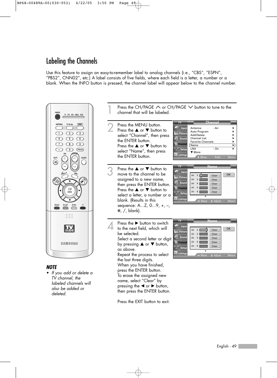 Labeling the channels | Samsung HLR5688WX-XAA User Manual | Page 49 / 144