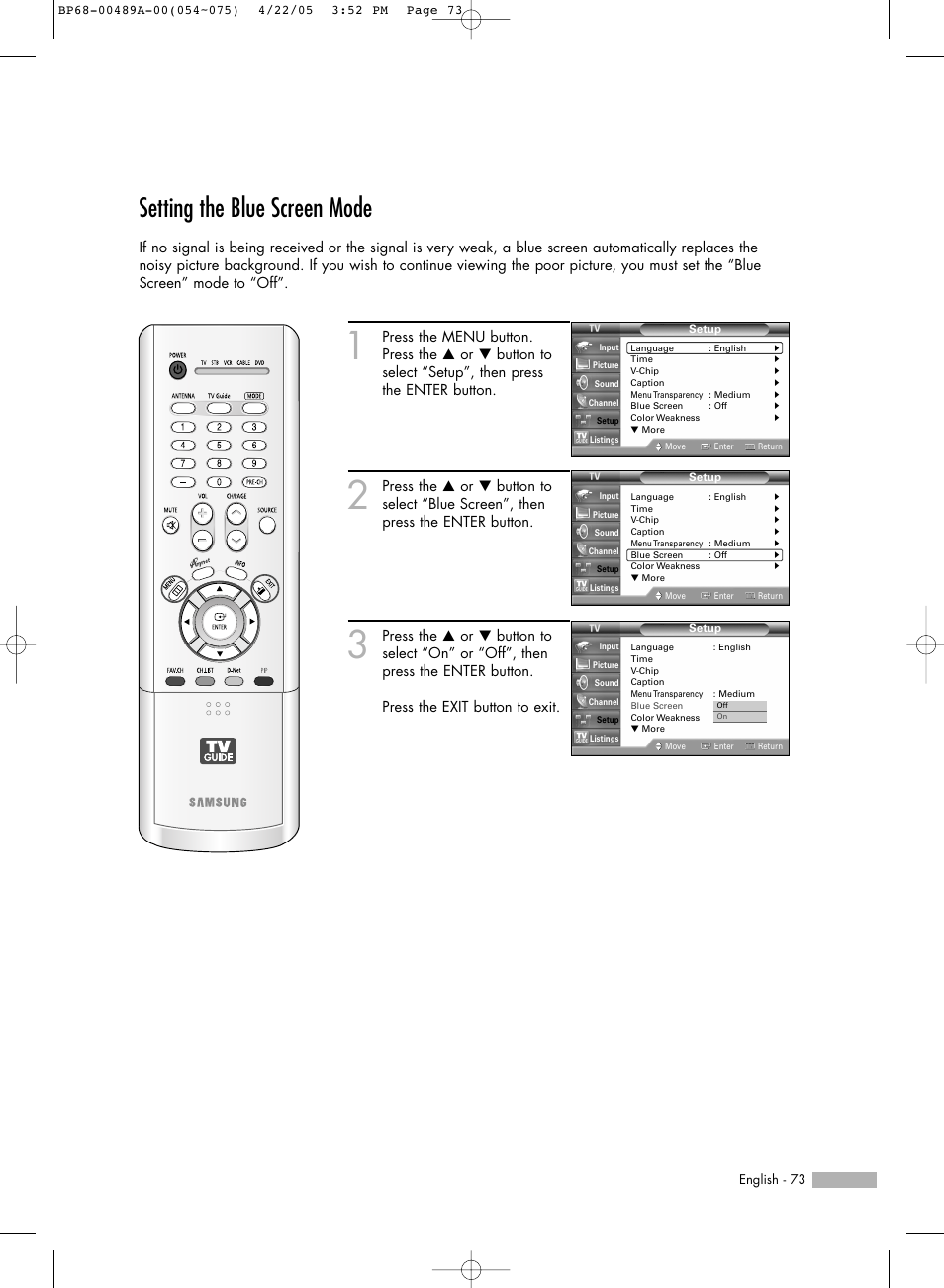 Setting the blue screen mode | Samsung HLR5688WX-XAA User Manual | Page 73 / 144